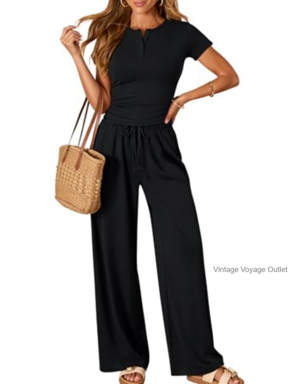 2 Piece Lounge Set Wide Leg Pants Ruched Henley Top Casual Vacation Outfit